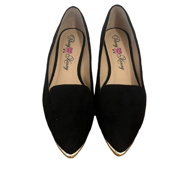 Penny Loves Kenny Nik Black Faux Suede Flats Gold Tipped Toe Sz 7.5 Wide - Picture 4 of 11